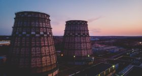 Aerial shot of two power plant during sunset in Vilnius