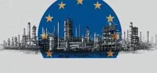 szkic budynków przemysłowych na tle okrągłej flagi z dwunastoma gwiazdami